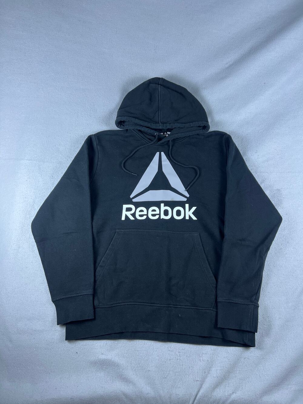 Reebok Hoodie Mens L Black Drawstring Spellout Logo Graphics Fleece Sweatshirt